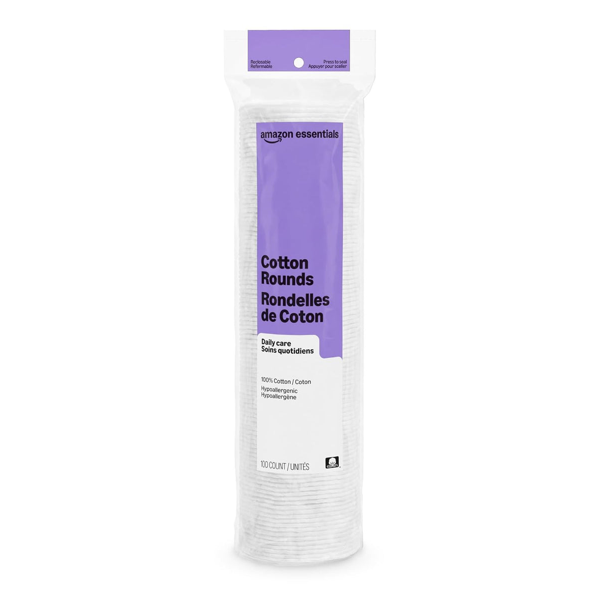 Amazon Basics Hypoallergenic Cotton Rounds for Makeup Removal and Skincare. 100 Count. 1 Pack