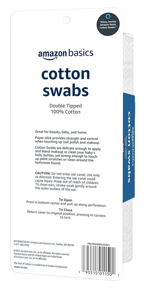 Amazon Basics Double-Tipped Cotton Swabs for Personal Hygiene and Baby Care. Cotton. Versatile. Baby Safe. 500 Count