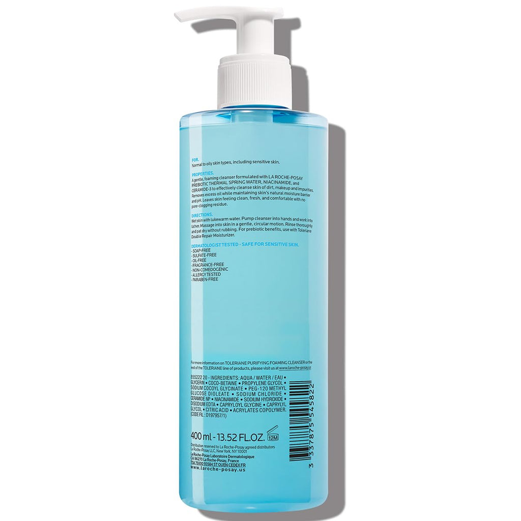 La Roche-Posay Toleriane Purifying Foaming Facial Cleanser. 13.52oz | Oil free face wash for sensitive skin with niacinamide and ceramides. Pore cleanser that won't dry out skin and is soap free.