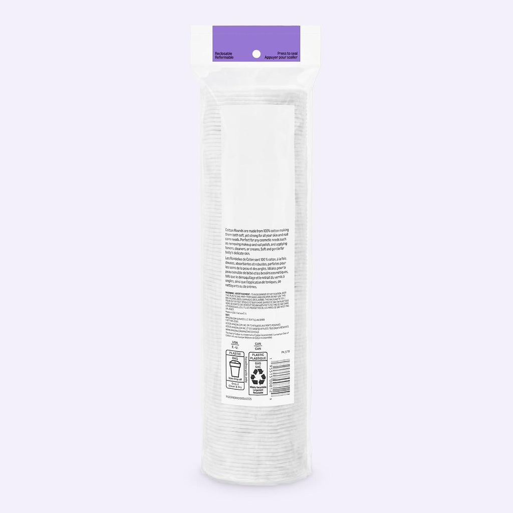 Amazon Basics Hypoallergenic Cotton Rounds for Makeup Removal and Skincare. 100 Count. 1 Pack