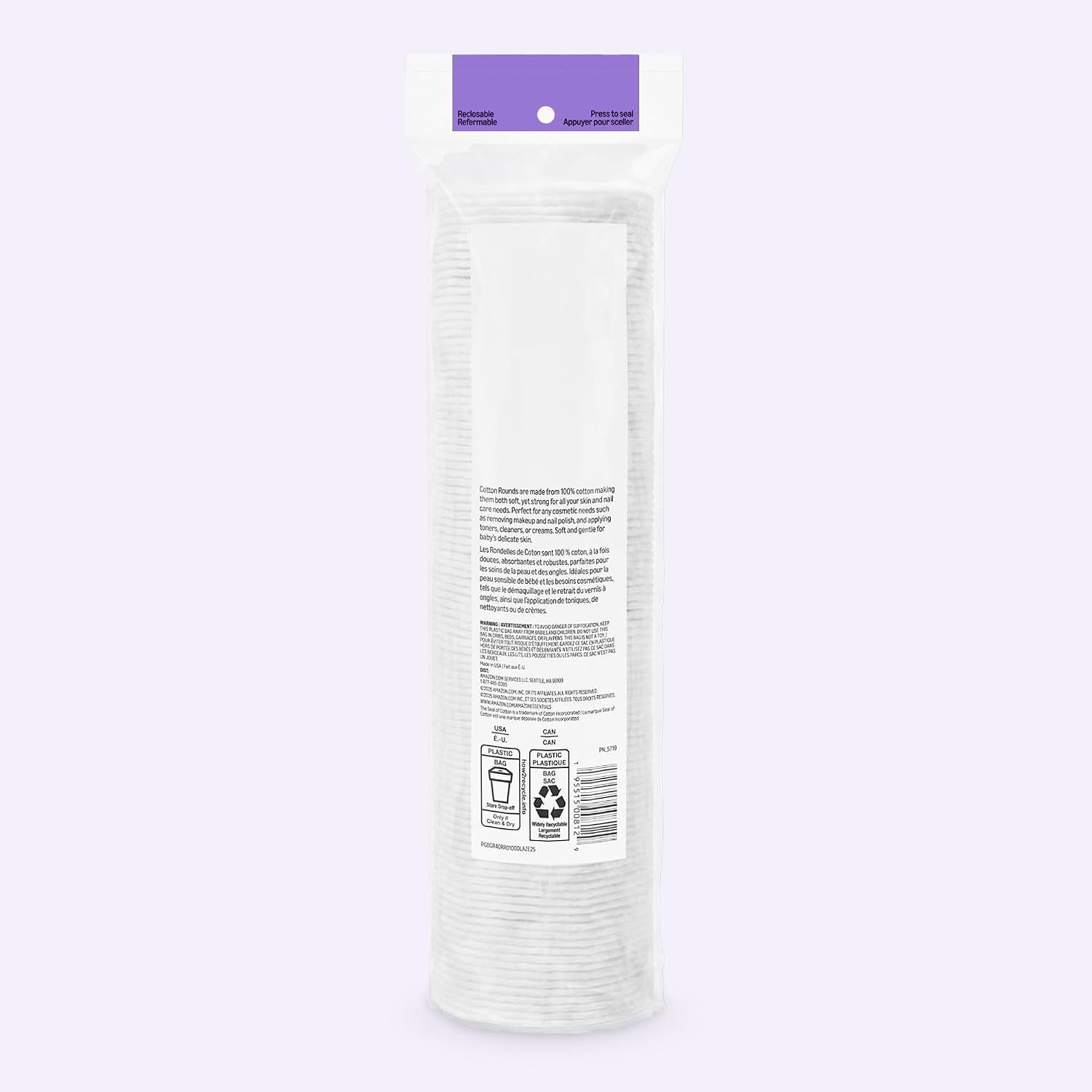 Amazon Basics Hypoallergenic Cotton Rounds for Makeup Removal and Skincare. 100 Count. 1 Pack