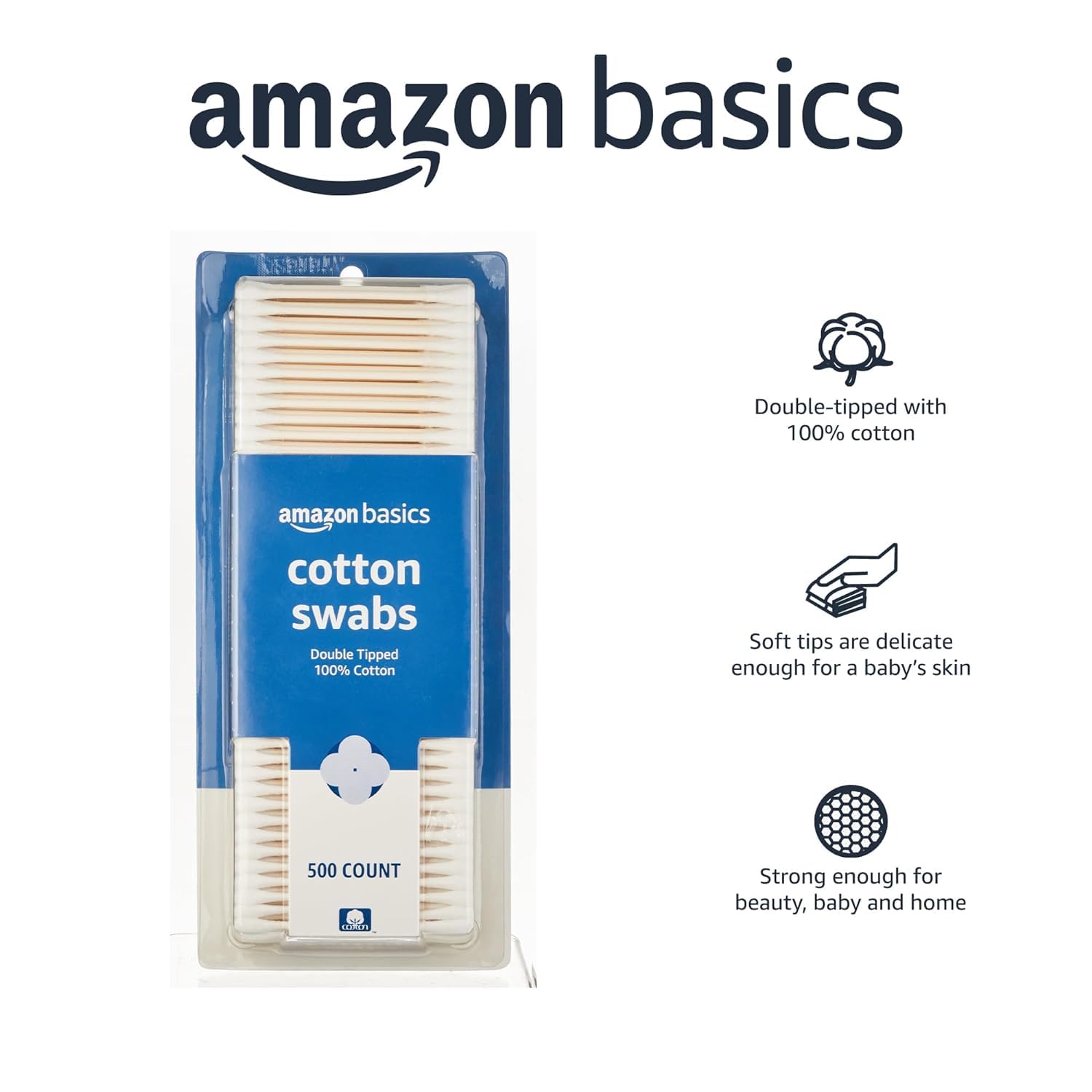 Amazon Basics Double-Tipped Cotton Swabs for Personal Hygiene and Baby Care. Cotton. Versatile. Baby Safe. 500 Count