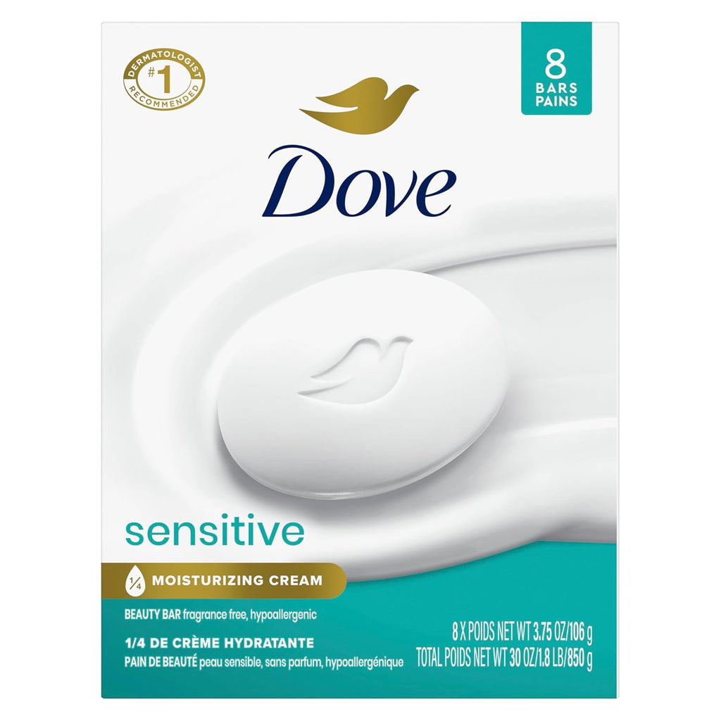 Dove Beauty Bar Soap Sensitive. 8 Bars for Sensitive Skin. Fragrance Free and Hypoallergenic 3.75 oz | For sensitive skin. Helps cleanse gently. With 1/4 moisturizing cream. For face. body & hands. Fragrance-free