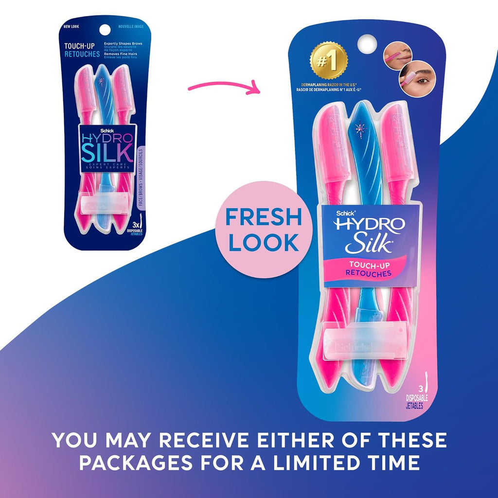 Schick Hydro Silk Touch-Up Dermaplane Razor for Women Face. 3 ct | 3-in-1 dermaplaning tool. Removes peach fuzz. Exfoliating face razors for women. Includes precision cover to shape brows.
