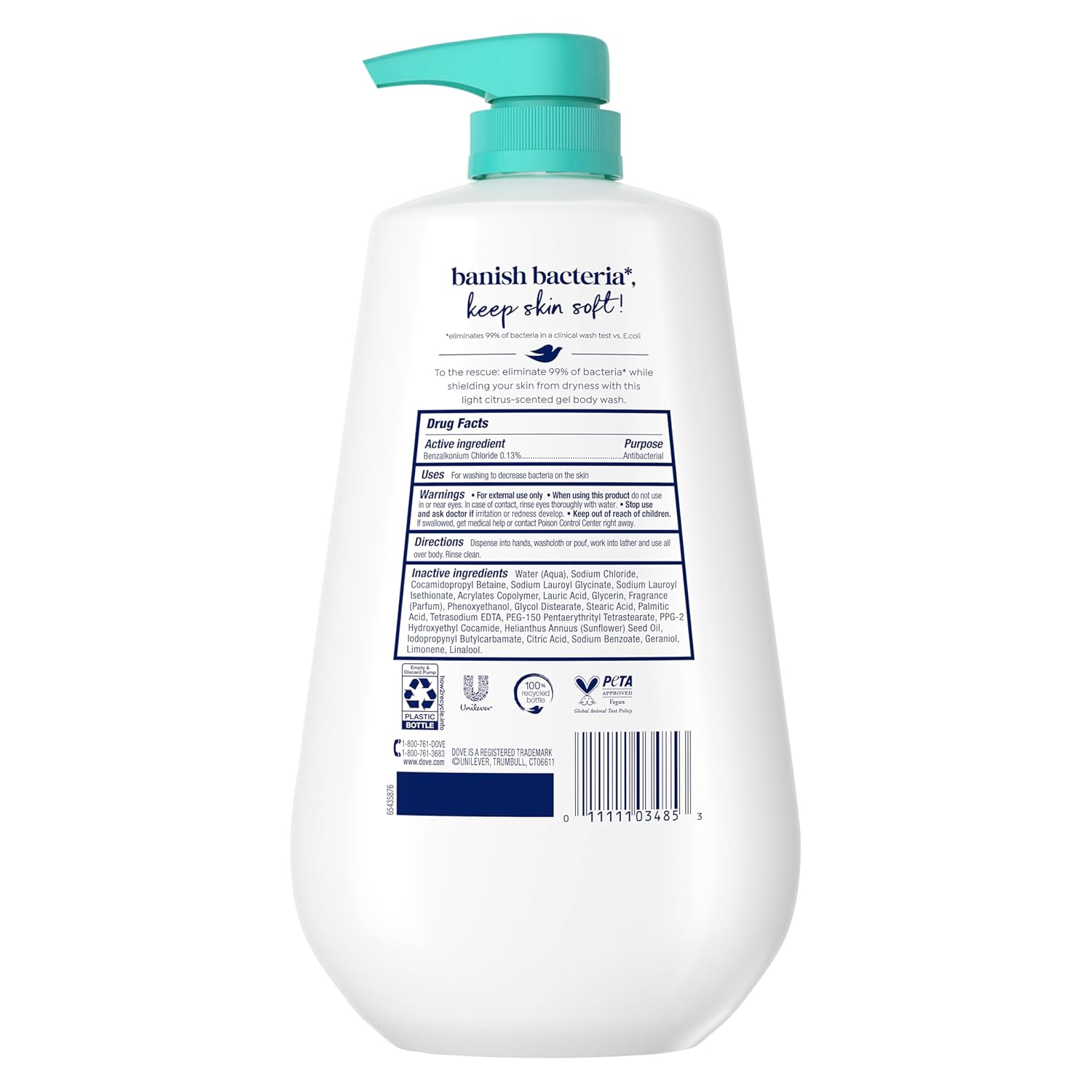Dove Body Wash Antibacterial For All Skin Types 30.6 oz Pump. Sulfate Free | Dove Antibacterial Body Wash eliminates 99% of bacteria while nourishing skin with a sulfate-free formula