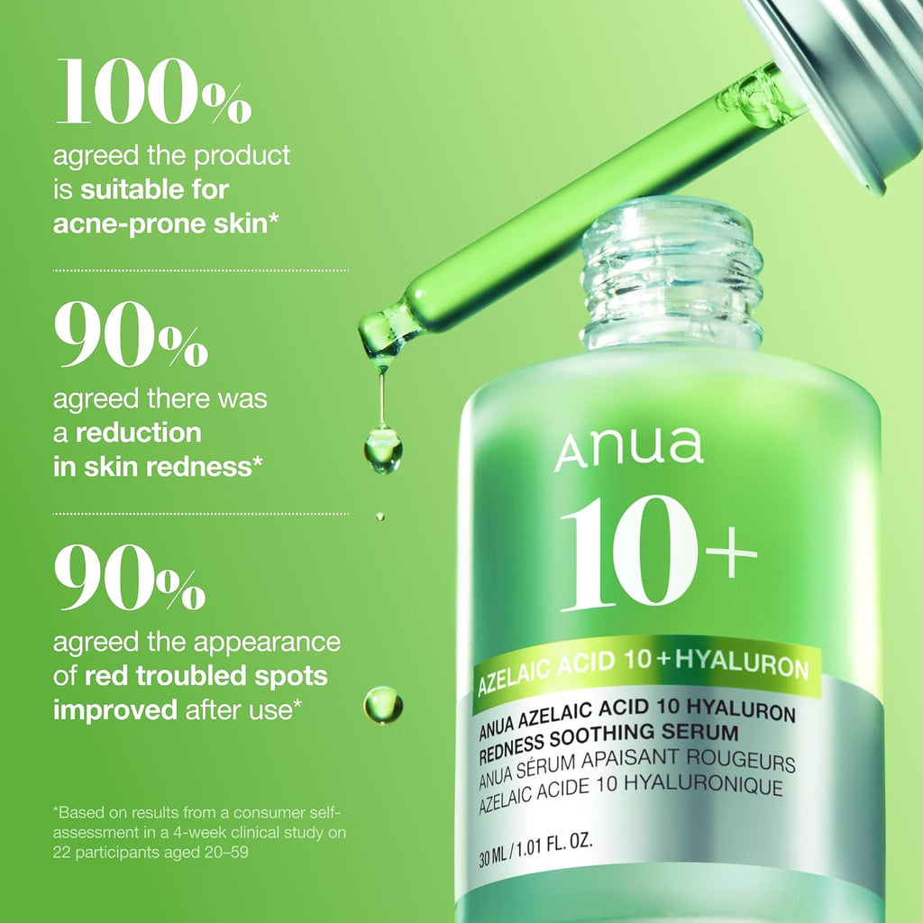 Anua Azelaic Acid 10 Hyaluron Redness Soothing Serum. 1.01 fl oz | Facial Serum for Blemish-Prone & Oily-Prone Skin. Lightweight & Hydrating Blemish Care. Hyaluronic Acid. Korean Skincare