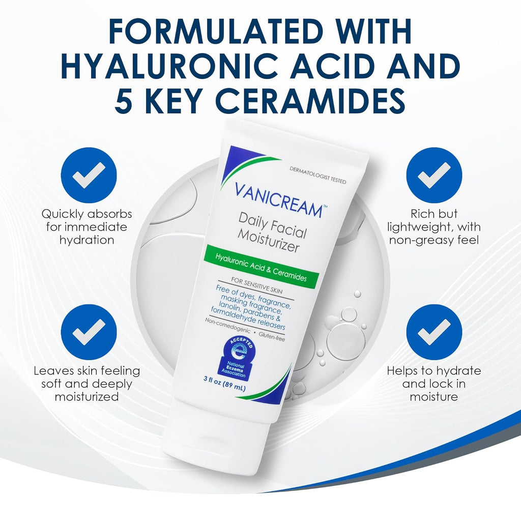 Vanicream Daily Facial Moisturizer. Lightweight. Non-Greasy. 3 Fl Oz | Formulated Without Common Irritants for Sensitive Skin. Moisturizing Face Cream with 5 Key Cermides and Hyaluronic Acid