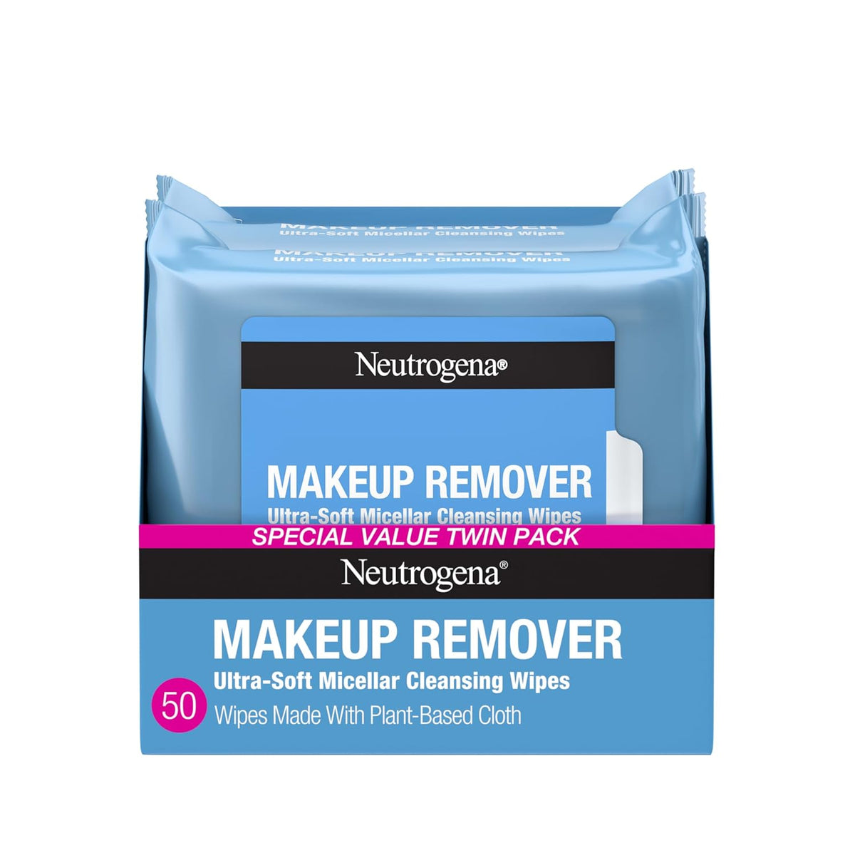 Neutrogena Makeup Remover Micellar Wipes. 2 Pack of 25 Ct | Plant-Based Micellar Water Cleansing Cloths. Gently Removes Oil. Dirt & Waterproof Makeup. No Heavy Residue. Alcohol-Free