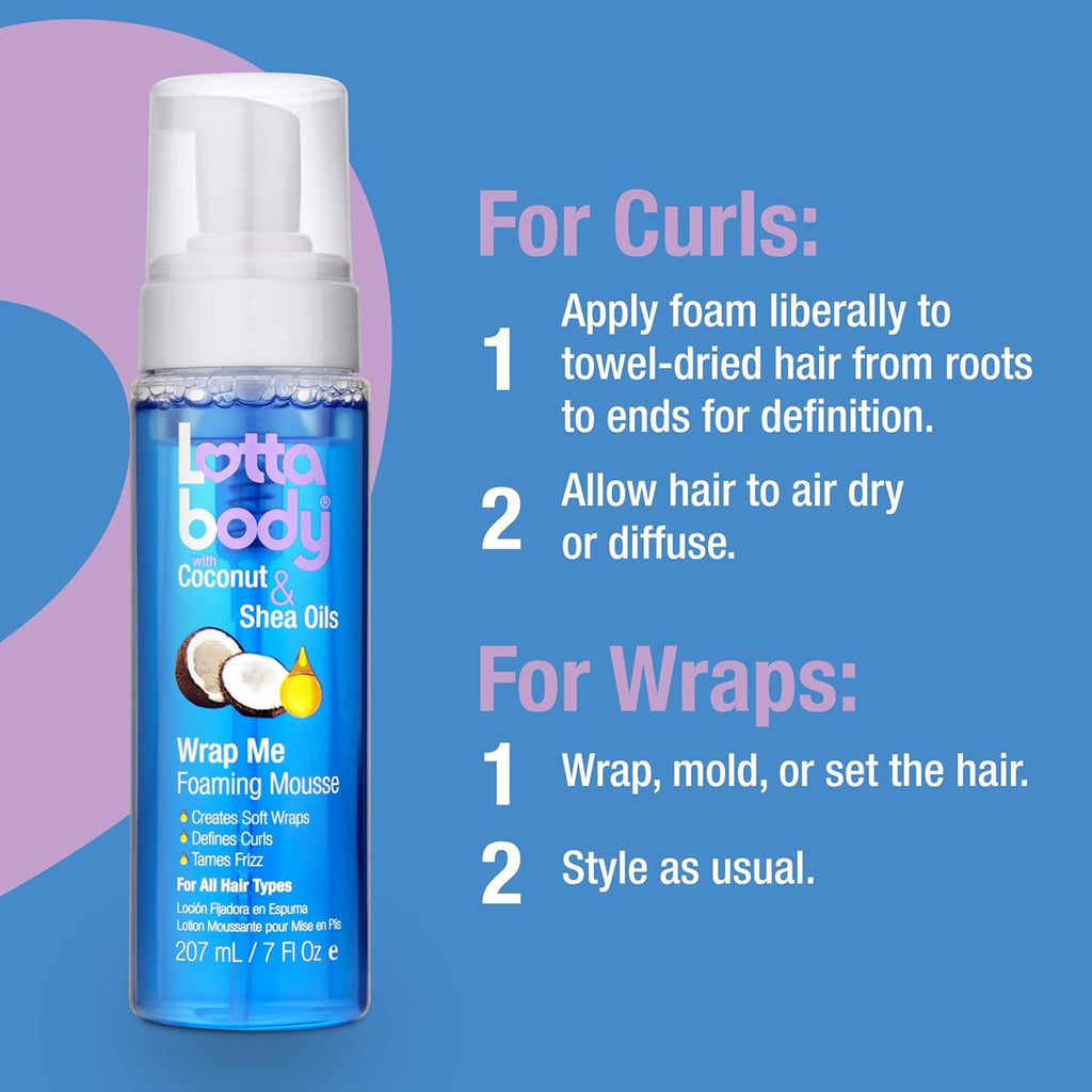 Lottabody Wrap Me Foaming Mousse with Coconut & Shea Oils. Lightweight Moisture-Rich Curl-Defining & Frizz-Control Styling Mousse for Natural Curly. Coily & Relaxed Hair. 7 oz