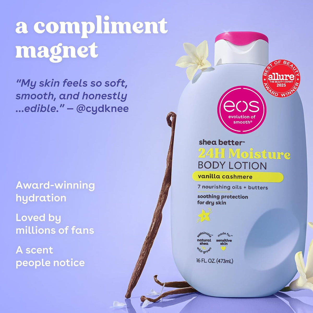 eos Shea Better Body Lotion- Vanilla Cashmere. 24-Hour Moisture. 16 fl oz