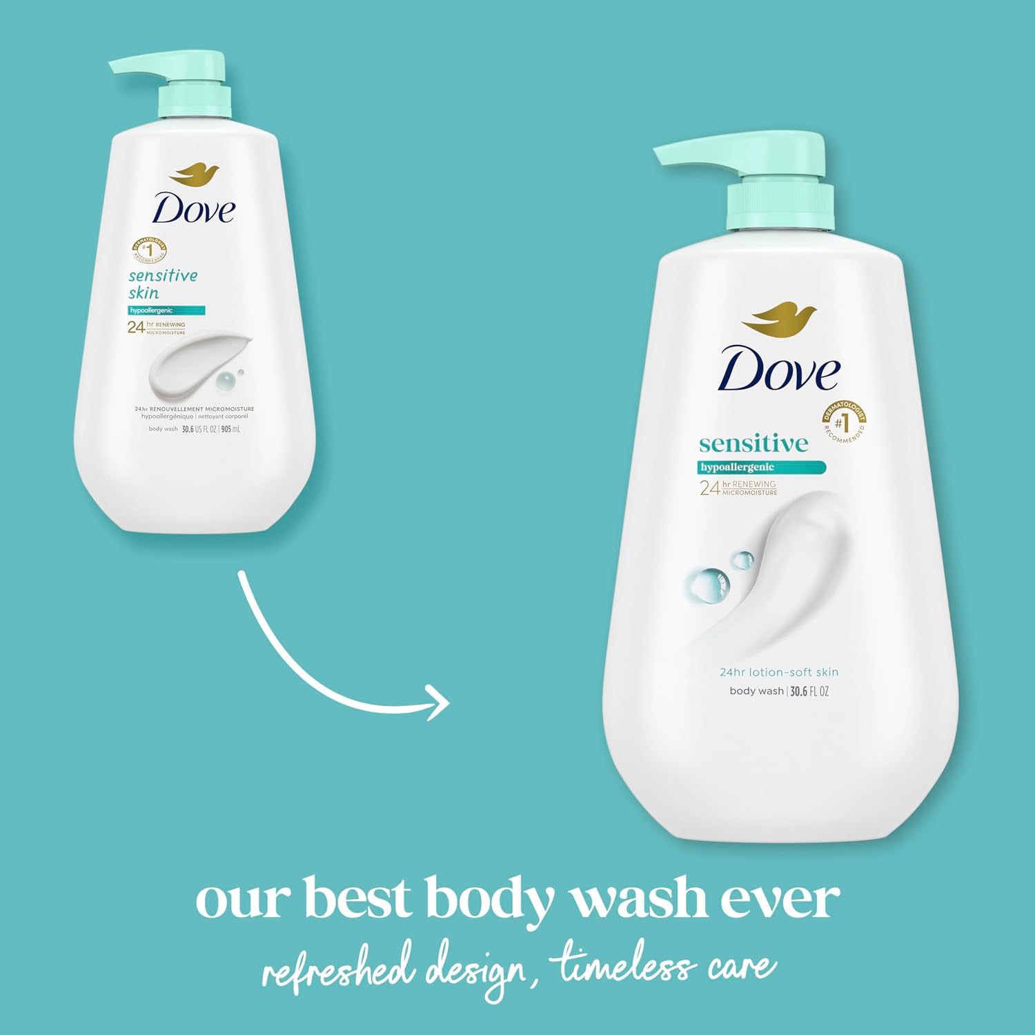 Dove Sensitive Skin Body Wash. 24hr Lotion-Soft Skin. 30.6 oz | Dove Sensitive Skin Body Wash soothes dry. sensitive skin with 24-hour hydration and a hypoallergenic formula.