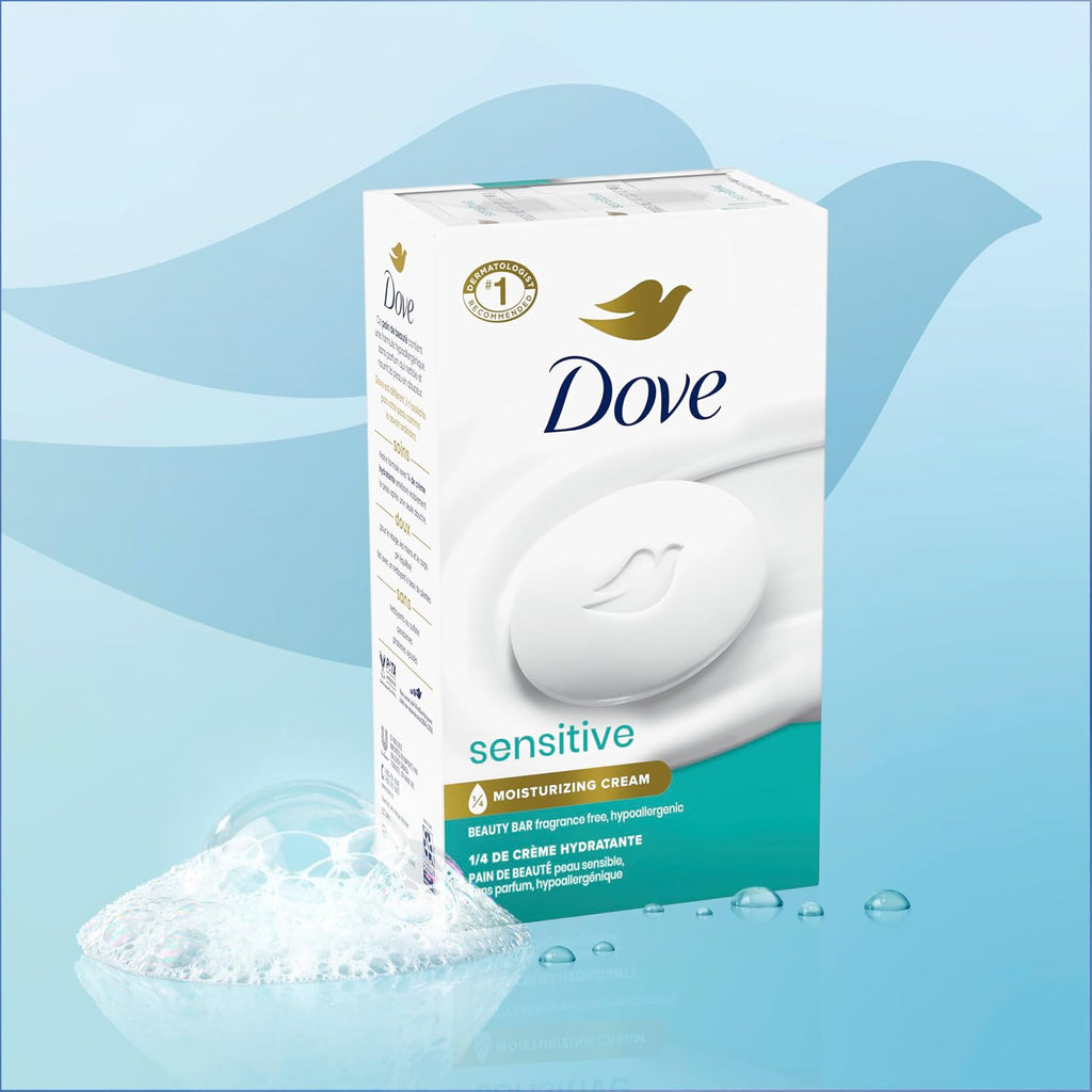 Dove Beauty Bar Soap Sensitive. 8 Bars for Sensitive Skin. Fragrance Free and Hypoallergenic 3.75 oz | For sensitive skin. Helps cleanse gently. With 1/4 moisturizing cream. For face. body & hands. Fragrance-free