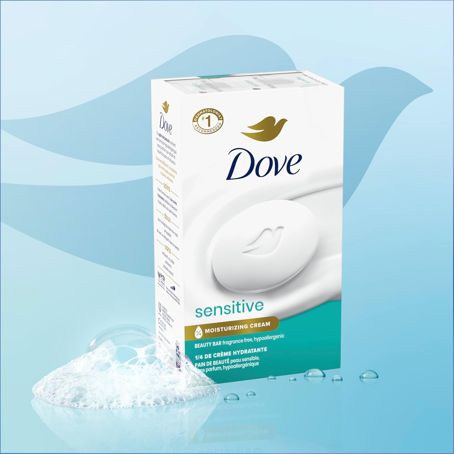 Dove Beauty Bar Soap Sensitive. 8 Bars for Sensitive Skin. Fragrance Free and Hypoallergenic 3.75 oz | For sensitive skin. Helps cleanse gently. With 1/4 moisturizing cream. For face. body & hands. Fragrance-free