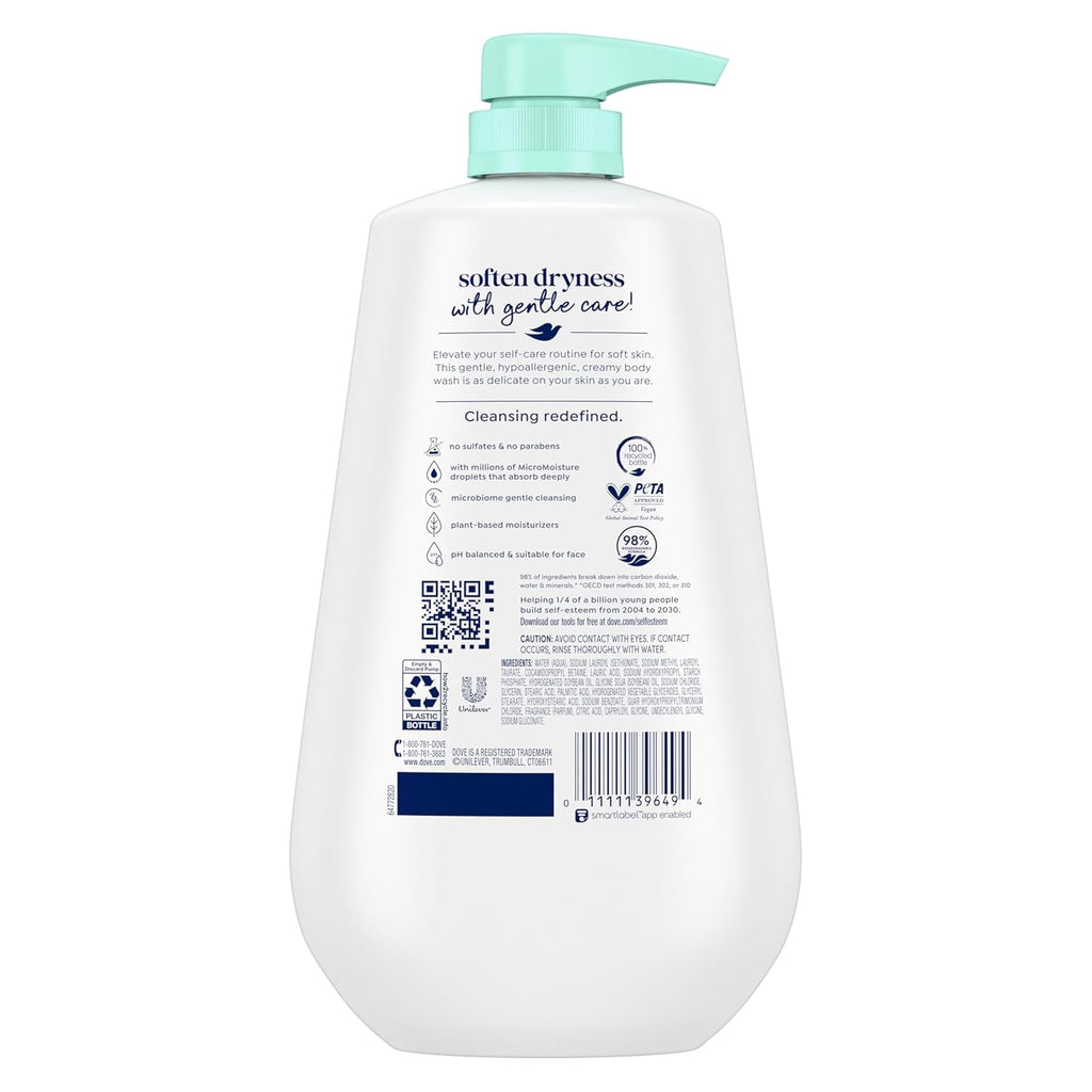 Dove Sensitive Skin Body Wash. 24hr Lotion-Soft Skin. 30.6 oz | Dove Sensitive Skin Body Wash soothes dry. sensitive skin with 24-hour hydration and a hypoallergenic formula.