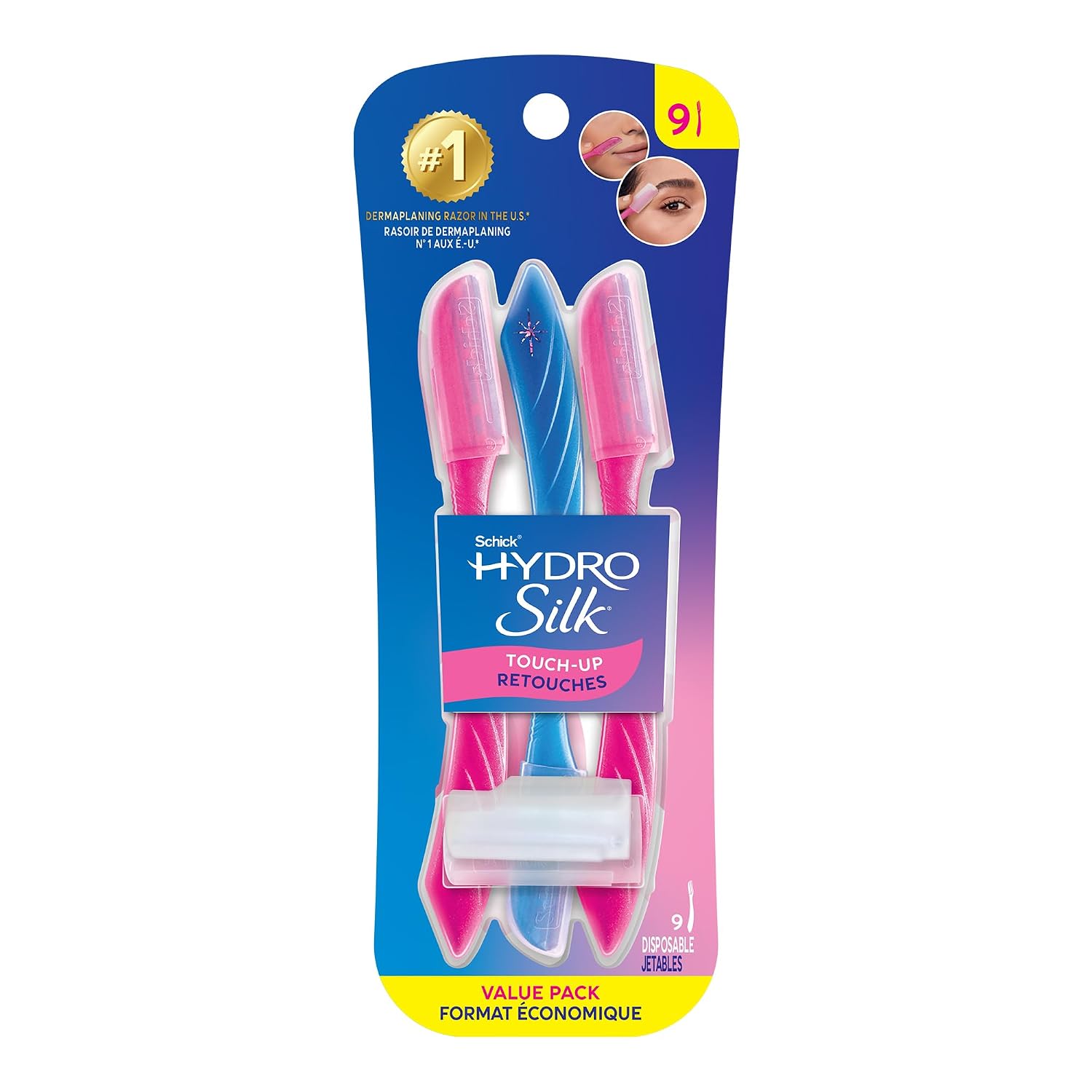 Schick Hydro Silk Touch-Up Dermaplane Razor for Women Face. 3 ct | 3-in-1 dermaplaning tool. Removes peach fuzz. Exfoliating face razors for women. Includes precision cover to shape brows.