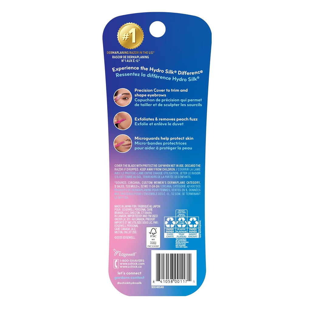 Schick Hydro Silk Touch-Up Dermaplane Razor for Women Face. 3 ct | 3-in-1 dermaplaning tool. Removes peach fuzz. Exfoliating face razors for women. Includes precision cover to shape brows.