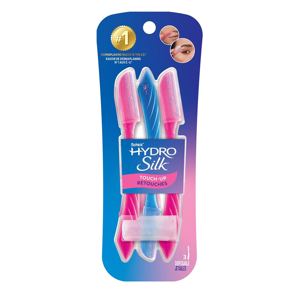 Schick Hydro Silk Touch-Up Dermaplane Razor for Women Face. 3 ct | 3-in-1 dermaplaning tool. Removes peach fuzz. Exfoliating face razors for women. Includes precision cover to shape brows.