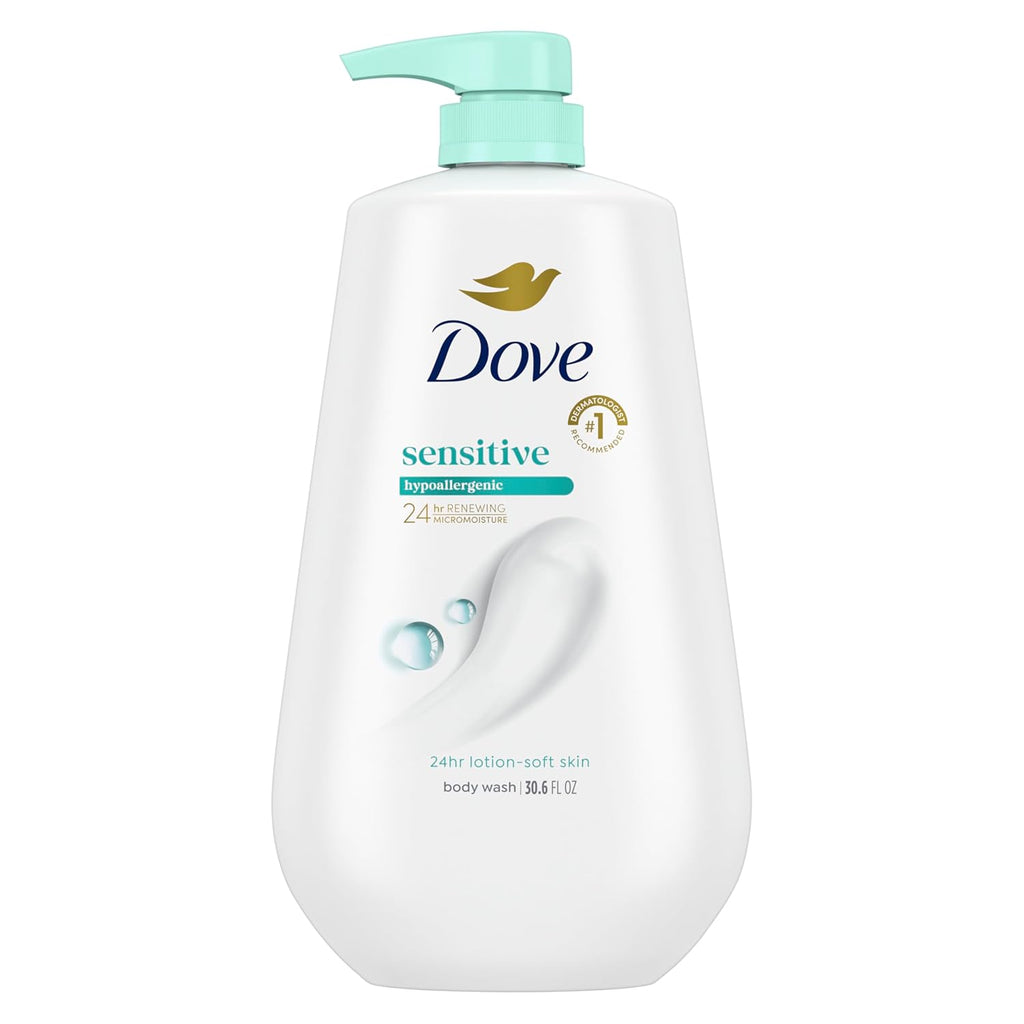 Dove Sensitive Skin Body Wash. 24hr Lotion-Soft Skin. 30.6 oz | Dove Sensitive Skin Body Wash soothes dry. sensitive skin with 24-hour hydration and a hypoallergenic formula.