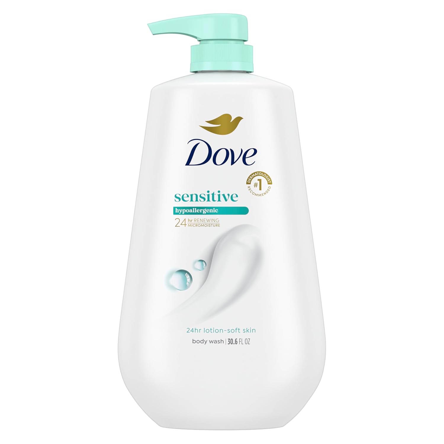 Dove Sensitive Skin Body Wash. 24hr Lotion-Soft Skin. 30.6 oz | Dove Sensitive Skin Body Wash soothes dry. sensitive skin with 24-hour hydration and a hypoallergenic formula.