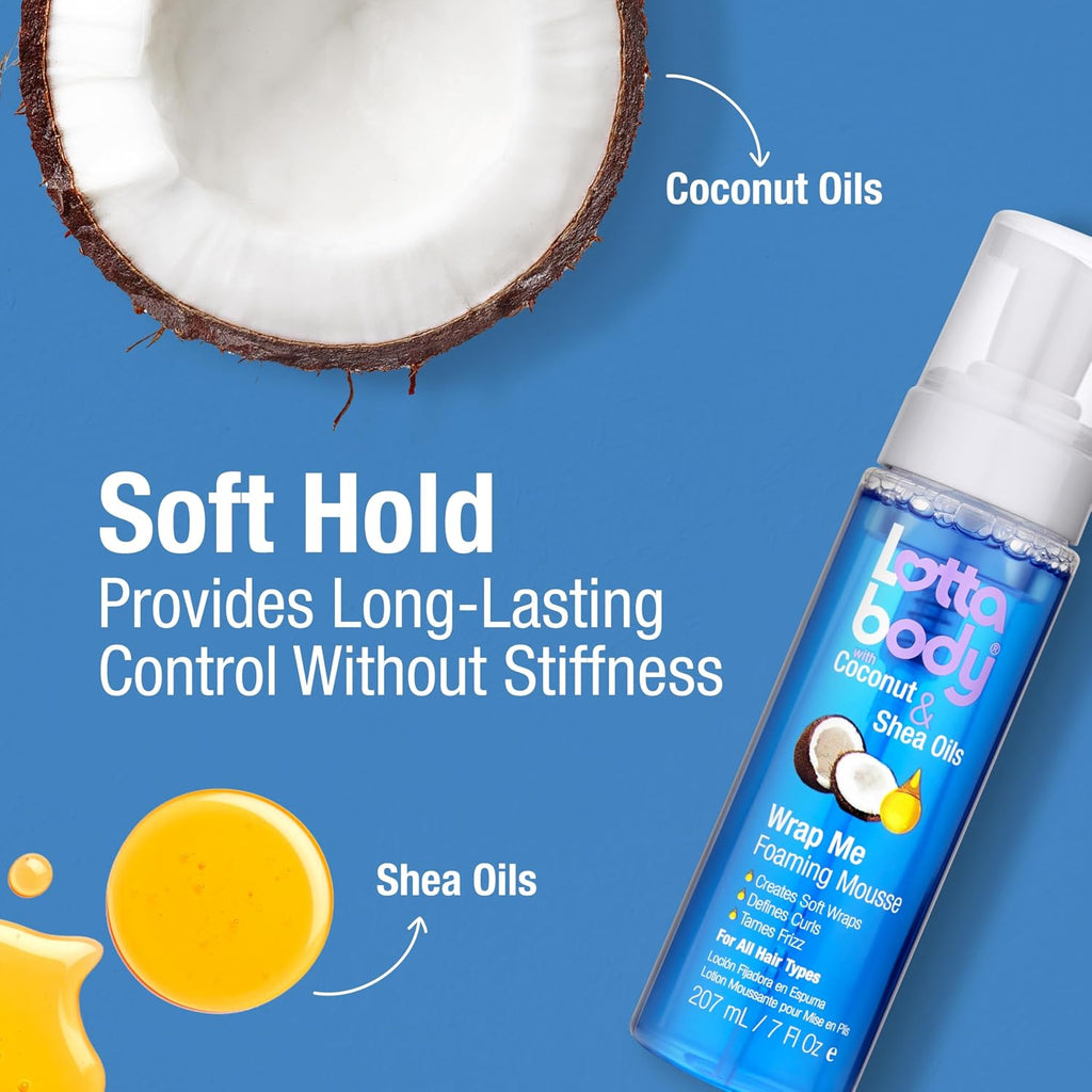 Lottabody Wrap Me Foaming Mousse with Coconut & Shea Oils. Lightweight Moisture-Rich Curl-Defining & Frizz-Control Styling Mousse for Natural Curly. Coily & Relaxed Hair. 7 oz