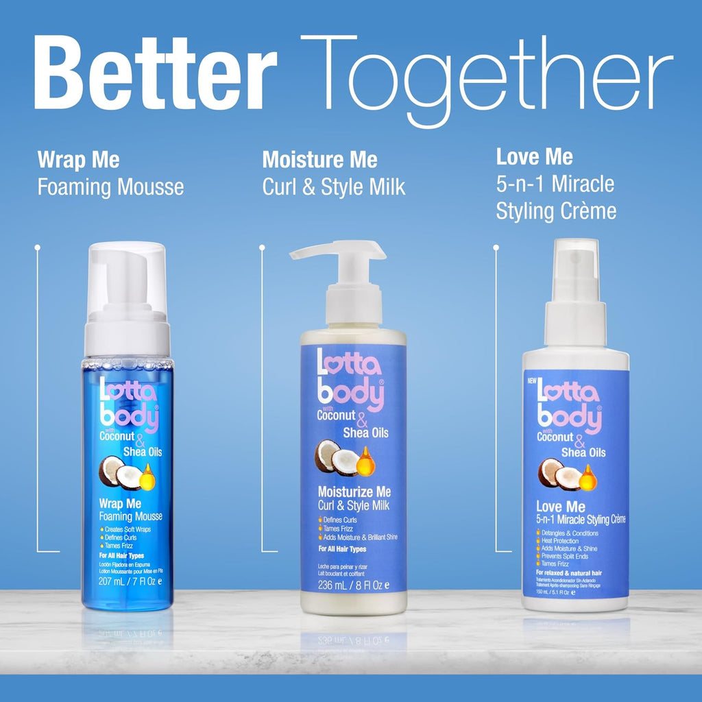 Lottabody Wrap Me Foaming Mousse with Coconut & Shea Oils. Lightweight Moisture-Rich Curl-Defining & Frizz-Control Styling Mousse for Natural Curly. Coily & Relaxed Hair. 7 oz