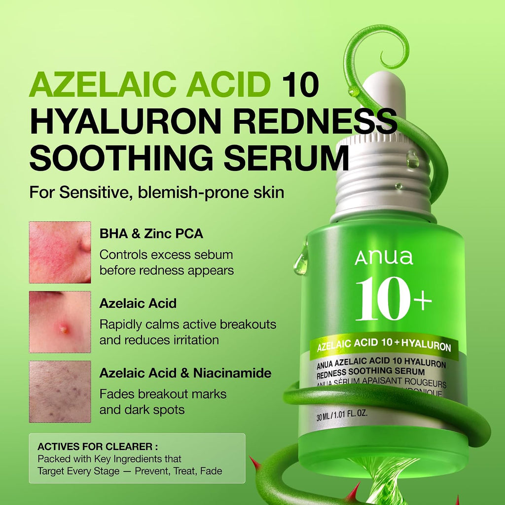 Anua Azelaic Acid 10 Hyaluron Redness Soothing Serum. 1.01 fl oz | Facial Serum for Blemish-Prone & Oily-Prone Skin. Lightweight & Hydrating Blemish Care. Hyaluronic Acid. Korean Skincare
