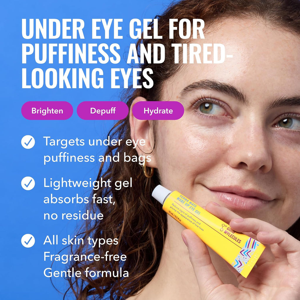 Good Molecules Yerba Mate Wake Up Eye Gel. Caffeine Under Eye Cream. 15 ml | Refreshes and hydrates tired under eyes with caffeine. Helps improve the look of puffiness. under eye bags. and fine lines.