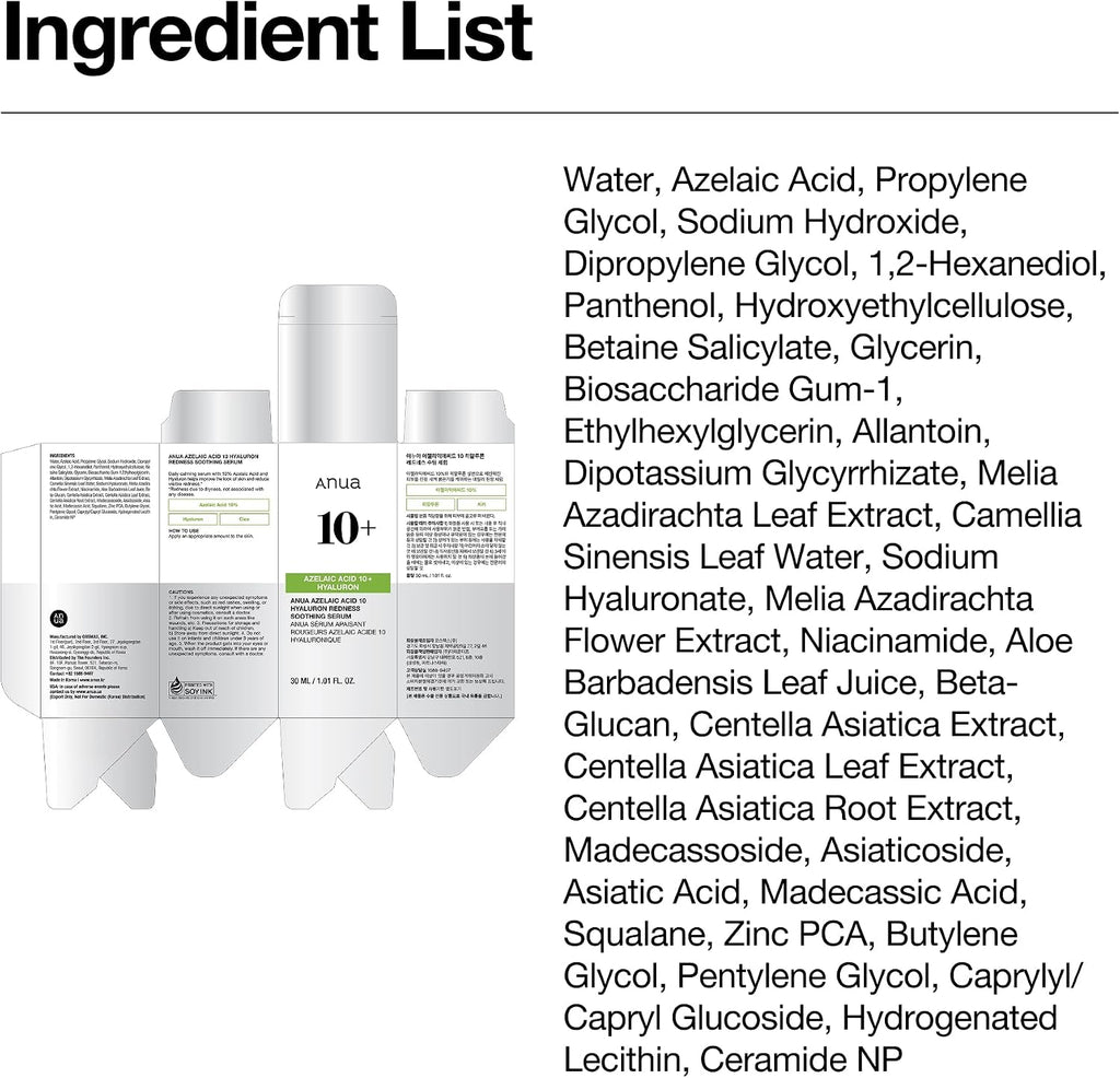 Anua Azelaic Acid 10 Hyaluron Redness Soothing Serum. 1.01 fl oz | Facial Serum for Blemish-Prone & Oily-Prone Skin. Lightweight & Hydrating Blemish Care. Hyaluronic Acid. Korean Skincare