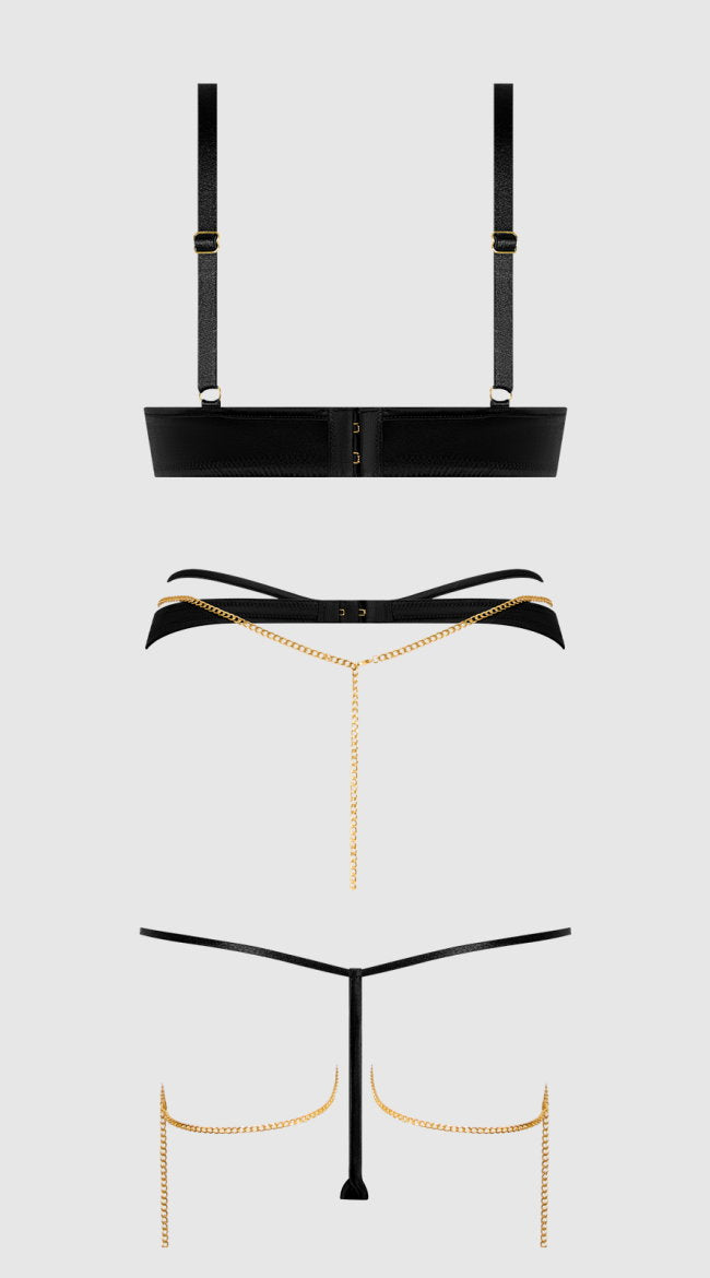 Plus Size Evangeline Satin & Chain Bra, Thigh Garter & G String Set