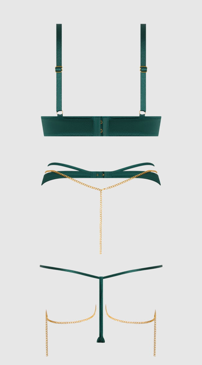 Plus Size Evangeline Satin & Chain Bra, Thigh Garter & G String Set