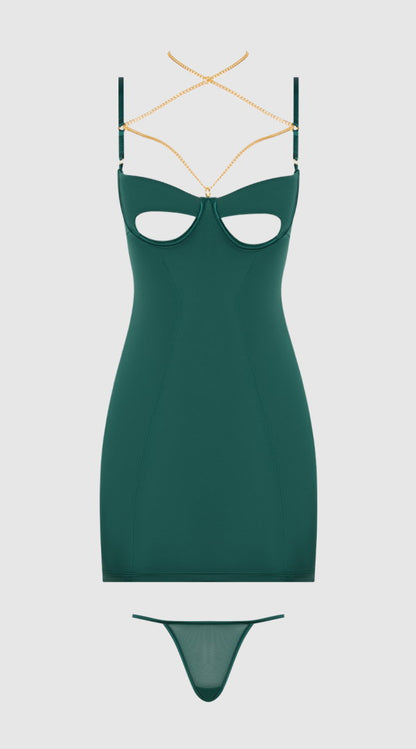 Evangeline Satin & Chain Cutout Cup & Open Back Chemise Set